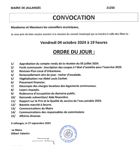 Convocation du Conseil Municipal du 04-10-2024