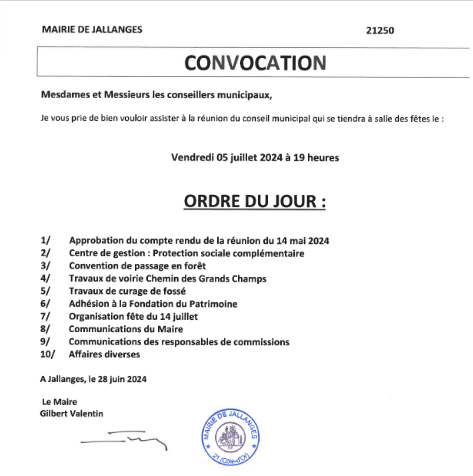 Convocation du Conseil Municipal du 05-07-2024