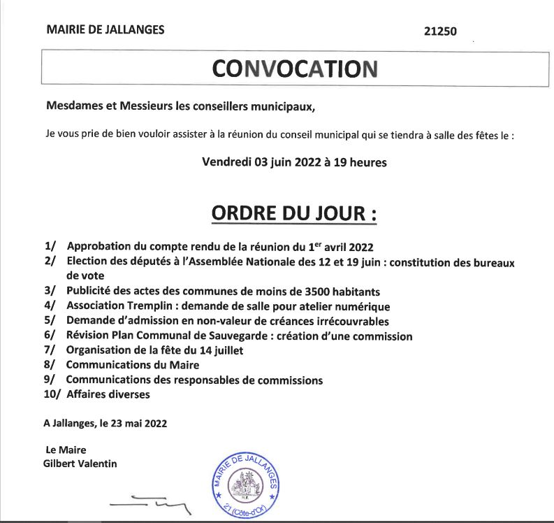 Convocation Conseil Municipal du 03-06-2022