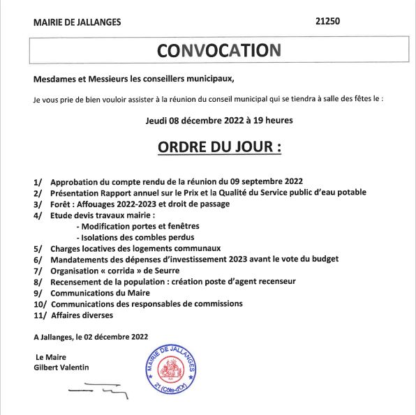 Convocation Conseil Municipal du 08-12-2022