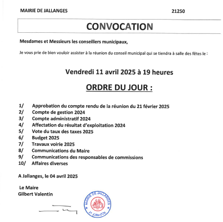 Convocation du Conseil Municipal du 11-04-2025